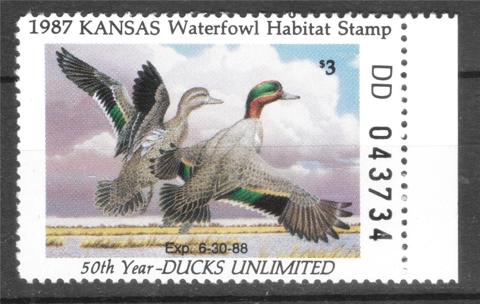 USA, SCOTT # KS01, YEAR 1987 MNH KANSAS DUCK, WATERFOWL HABITAT STAMP 50TH YEAR - Image 1 of 2