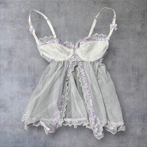 Vintage La Senza weiß Netz lila Band Spitze Babydoll Dessous Y2K Coquette S - Bild 1 von 7