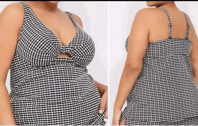 Lane Bryant Underwire Knot-Front Tankini Top  Gingham Black White Sz 46DD - Image 1 of 4