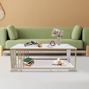 2 Tier White GOLD Coffee Table High Gloss Marble Veneer Rectangle Living Room - Picture 1 of 15