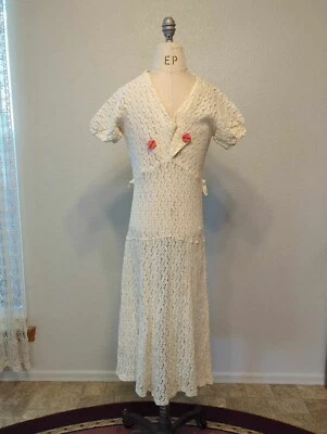Vintage 1930s Ivory Thick Lace or Crochet(?) Dress with Red Buttons - Image 1 of 4