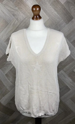 Hush Star Short Sleeve Top Open Knit V Neck Jumper Beige Semi Sheer Size S - Image 1 of 4