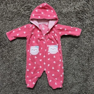 Carter's Fleece Romper Hooded Pink Girls 3 Months Owl Hearts - Picture 1 of 7