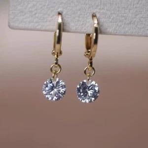 Minimalist Gold Plated 8mm Cubic Zirconia Lever Back Huggie 14mm Hoop Earrings - Picture 1 of 2