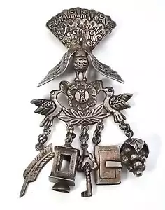 Peruvian Peacock and Charms Tupu (Shawl Pin) Sterling Silver large vintage brooc - Picture 1 of 7