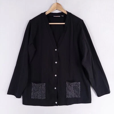 Quacker Factory Sweater Womens Sz Large Black Button Up Jersey Knit Rhinestones - Image 1 of 4