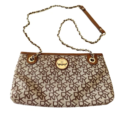 DKNY Brown Monogram Jacquard Logo Long Chain Strap Small Crossbody Shoulder Bag - Image 1 of 4