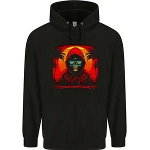 A Retrowave Skeleton With Holiday Sunset Skull Childrens Kids Hoodie - Picture 1 of 3