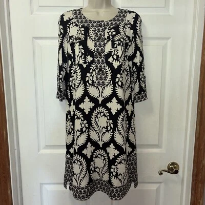 Vestido Diane Von Furstenberg Seda Negro Crema Manga 3/4 Talla 10 Bolsillos Floral Foto 1 de 4