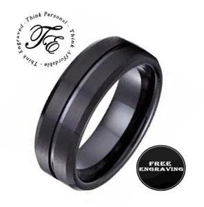 Personalized Engraved Men's Matte Black Grooved Tungsten Wedding Ring - Picture 1 of 9