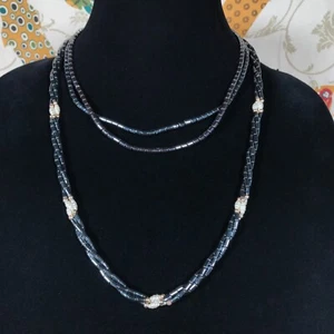 3 Hematite Beaded Necklace Lot Faux Pearl Barrel Bead Gray Grounding Healing - Picture 1 of 10