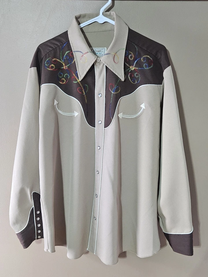 Camisa Rockabilly ocidental bordada vintage XL 50 60s barra H pérola encaixe gabardine - Imagem 1 de 4