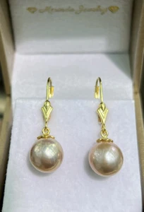 14k Solid Gold Lever Back Dangle Earrings & Natural Fresh Akoya Pearl AAAAA 9MM - Picture 1 of 8