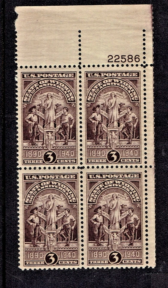 1940 U.S. 3c WYOMING Plt#BLK of 4 Sc#897 M/NH/OG Pristine ^ - Image 1 of 1