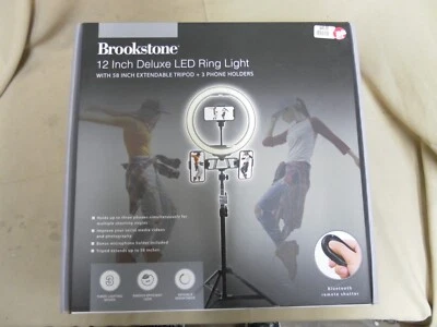 NEW! Brookstone 12" Deluxe LED Ring Light with Adjustable Tripod 3 Phone Holders - Image 1 of 4