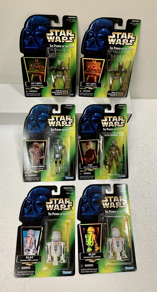 1996 STAR WARS POTF DROIDS ЛОТ (6): 4-LOM, 2-1B MEDIC, ASP-7, R5-D4 НОВЫЙ, ЗАПЕЧАТАННЫЙ! - Изображение 1 из 4