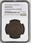 1814 Portuguese ANGOLA Macuta Copper Coin João Prince Regent NGC AU-Details 