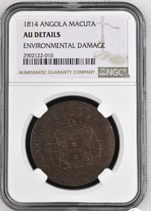 1814 Portuguese ANGOLA Macuta Copper Coin João Prince Regent NGC AU-Details  - Picture 1 of 4