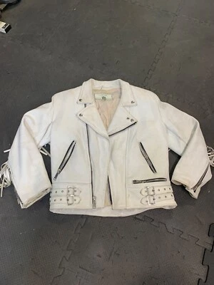 Jaqueta de motociclista vintage couro branco dourado franja traseira pequena - Imagem 1 de 4