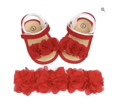 Baby Girl цветок сандалии лето мягкая подошва ходунки туфли 6-12 месяцев + обруч для волос - Изображение 1 из 3