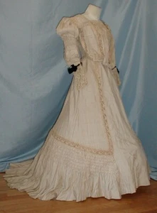 Ornate Antique Dress Ballgown Victorian 1890's Beige Pongee Silk Lace Trimmed - Picture 1 of 9
