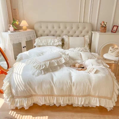 Juego de ropa de cama de terciopelo polar de lujo princesa color liso encaje funda nórdica falda de cama Foto 1 de 4