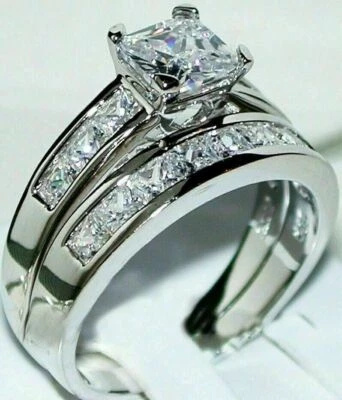 Princess Cut 3.80Ct Diamond White Gold Finish Simulated Bridal Ring Set Size 7 - Image 1 of 4