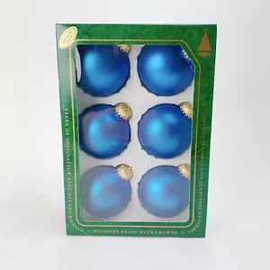 Vintage 1994 Christmas By Krebs 6 Velvet Blue Glass Ball Ornaments Gold Crowns - Picture 1 of 7
