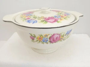 Harker Pottery Co. Lidded Casserole Dish Needlepoint Floral - Picture 1 of 7