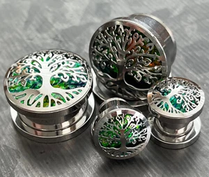 PAIR Green Opal Glitter Tree of Life Screw Fit Tunnels Ear Plugs Earlet Gauges - Picture 1 of 6