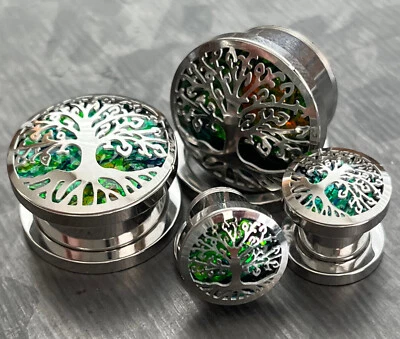 PAIR Green Opal Glitter Tree of Life Screw Fit Tunnels Ear Plugs Earlet Gauges - Image 1 of 4