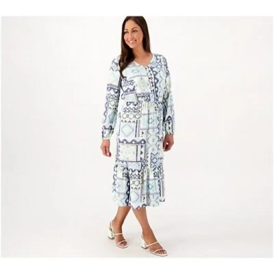 Denim and Co Canyon Retreat Regular Printed Tiered Midi Dress Blue Womens Small - Image 1 of 4