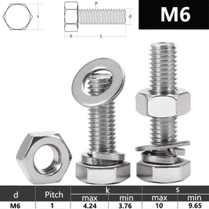 M6 HEX HEAD BOLTS HEXAGON BOLT+HEX NUTS+WASHERS A4 MARINE GRADE STAINLESS STEEL - Picture 1 of 7
