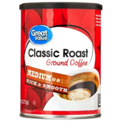 Great Value Classic Roast Ground Naturally Caffeinated Coffee, 9.6 oz Canister