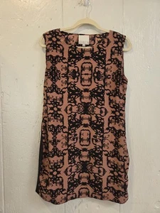 Addison SZ M 100% Silk shift Dress Abstract Print Work Black Tan - Picture 1 of 13