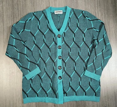 Винтажный San Remo вязаный бирюзовый кнопка спереди вязаный кардиган куртка большой - Изображение 1 из 4
