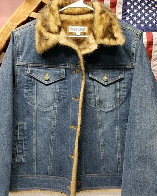 Marvin Richards Denim Jean Jacket Size Large Faux Fur Lined Button Front Pockets - Image 1 of 4