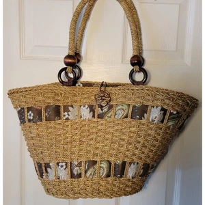 Woven Straw Summer Tote Beach Fashion Handbag Shoulder Bag Paisley Brown Beads - Picture 1 of 7