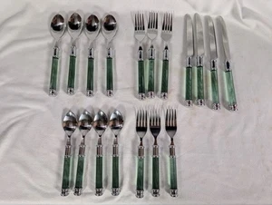 Vtg Acrylic Lucite Green Handle Flatware With Silver Tone Trim 18Pc Set Fun Kids - Picture 1 of 8