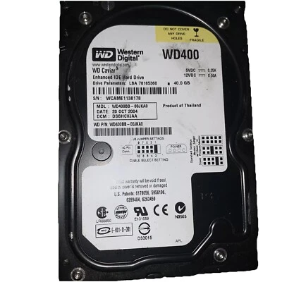Western Digital| WD400 | P/N: WD400BB-00JKA0 | 40GB | Hard Drive | Untested - Image 1 of 2