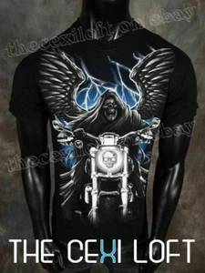 HELIX Brand Mens Graphic T-Shirt Black with Mororcycle Reaper Skull SLIM FIT - Picture 1 of 3