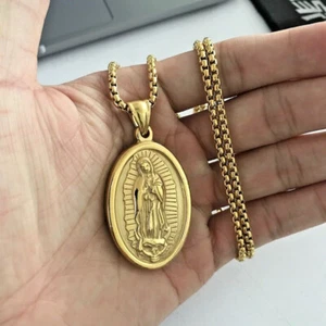 Men's Stainless-Steel Gold-Plated Virgin Mary Necklace Pendant Jewelry Gift - Picture 1 of 6