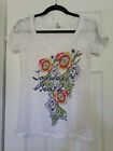 Teen Med white Summer Shirt V-Neck w/ design Top Sail NC floral decal