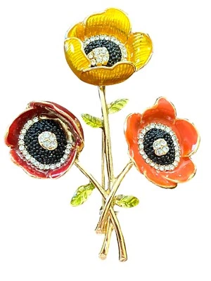 Broche Prendedor Napier Amapola Triple Otoño Primavera Flores Tono Dorado Naranja Amarillo Marrón Foto 1 de 4
