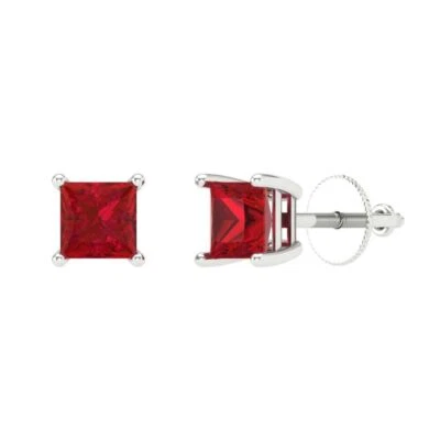 Simulated Ruby Stud Earrings for Women, Screw back (1.5 cttw 5.0mm Princess-Cut) - Image 1 of 4