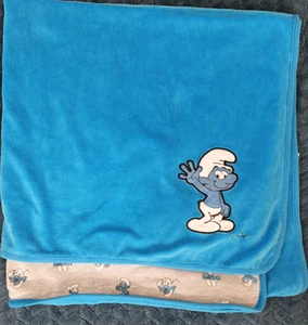 H&M Schlumpf Schlümpfe Decke doppelseitig blau grau 70x70cm Kinderwagen - Bild 1 von 7