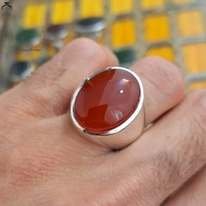 Pure Natural Yemeni Aqeeq Ring Handmade Red Agate Stone Oval Jewelry - Picture 1 of 3
