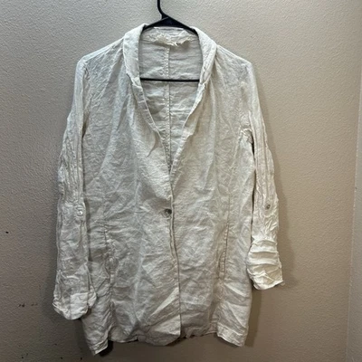 Christian Siriano Linen Blazer Jacket SZ M Cream Roll Tab Mother Of Pearl Beach - Image 1 of 4