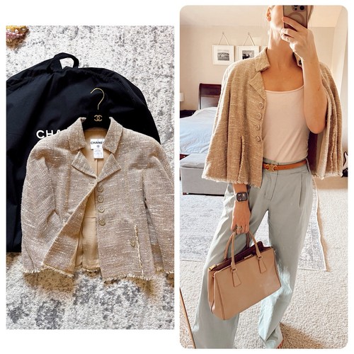 Giacca blazer Chanel 2008 primavera frange tweed leggero plissettato nudo beige 42 M