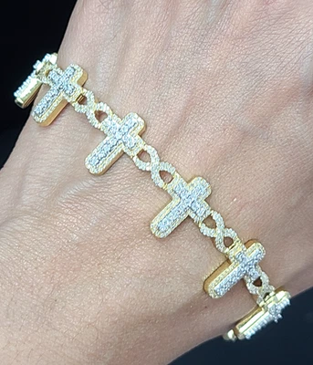 100% подлинный 2.70CTW бриллианты вечность крест браслет 14K желтое золото 8» 23 грамма - Изображение 1 из 4